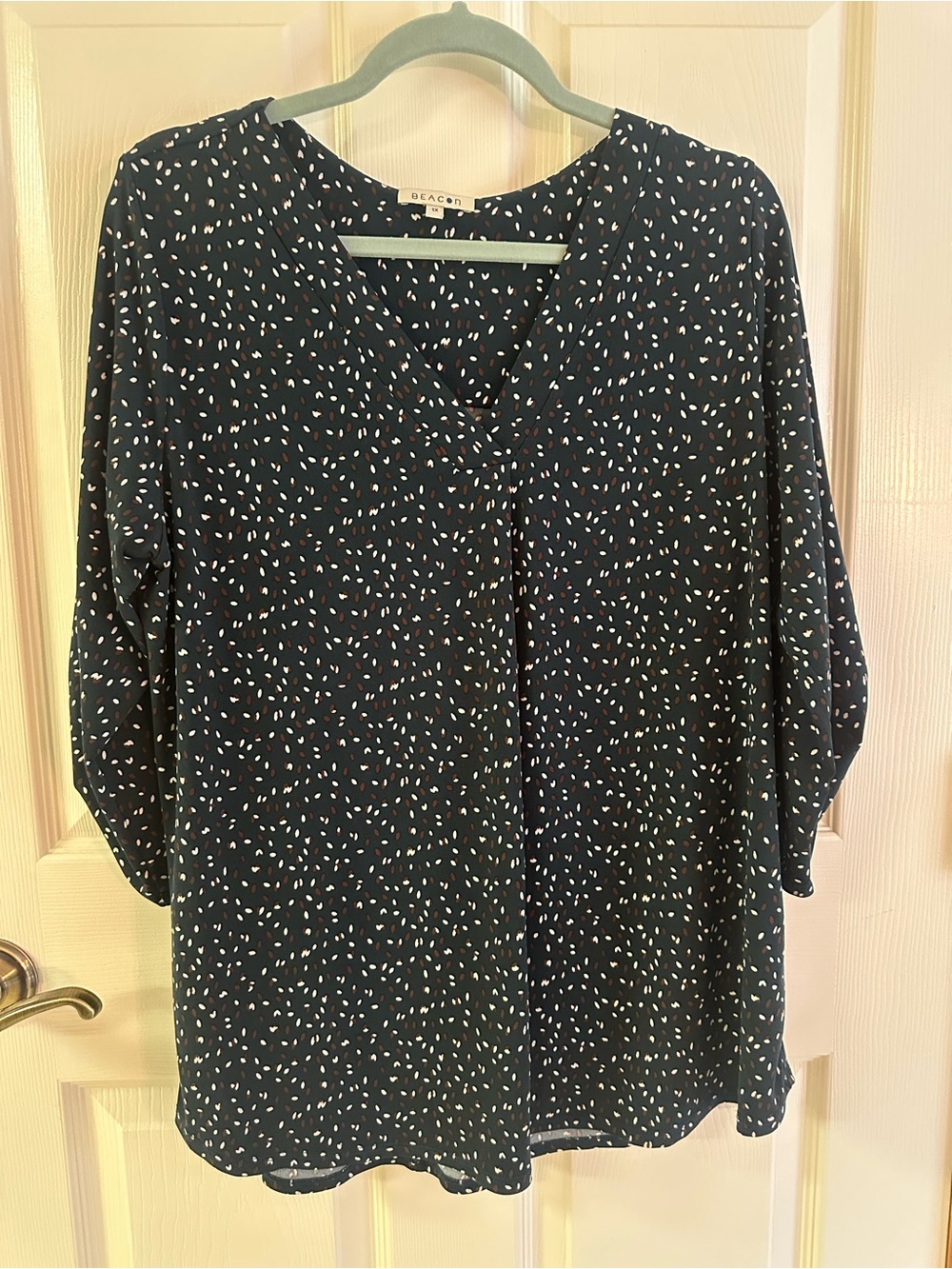 Beacon Navy V-Neck Blouse with ivory and brown Print EUC